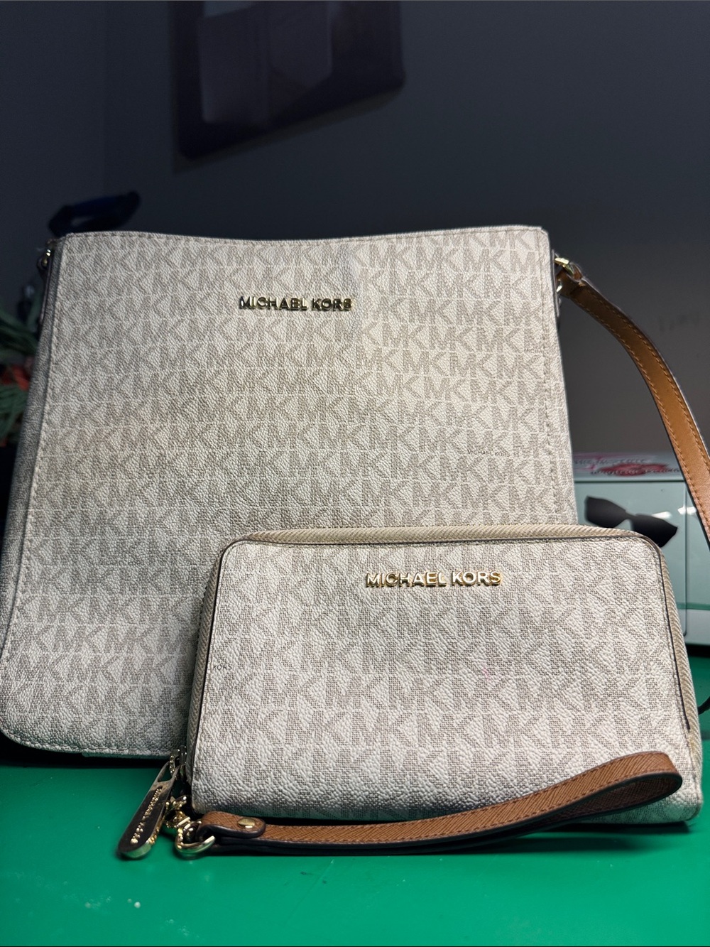 Michael Kors Beige Logo Crossbody with Matching Wristlet